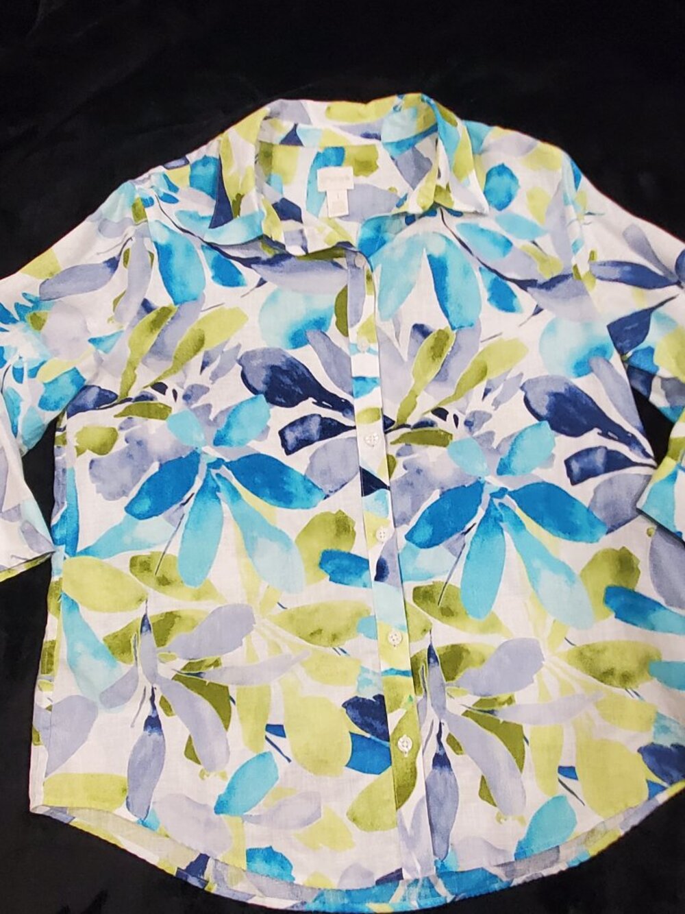 Chico's 100% Linen Floral Button-Front Shirt | Size 1 (Medium) | Blue Green - Picture 2 of 9